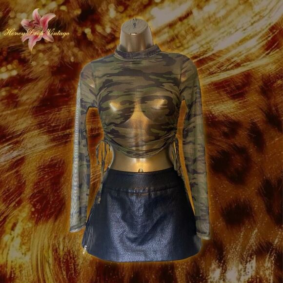 Forever 21 Tops - Forever 21 Camo Long Sleeve Mesh Crop Top w/ Adjustable Side Drawstrings